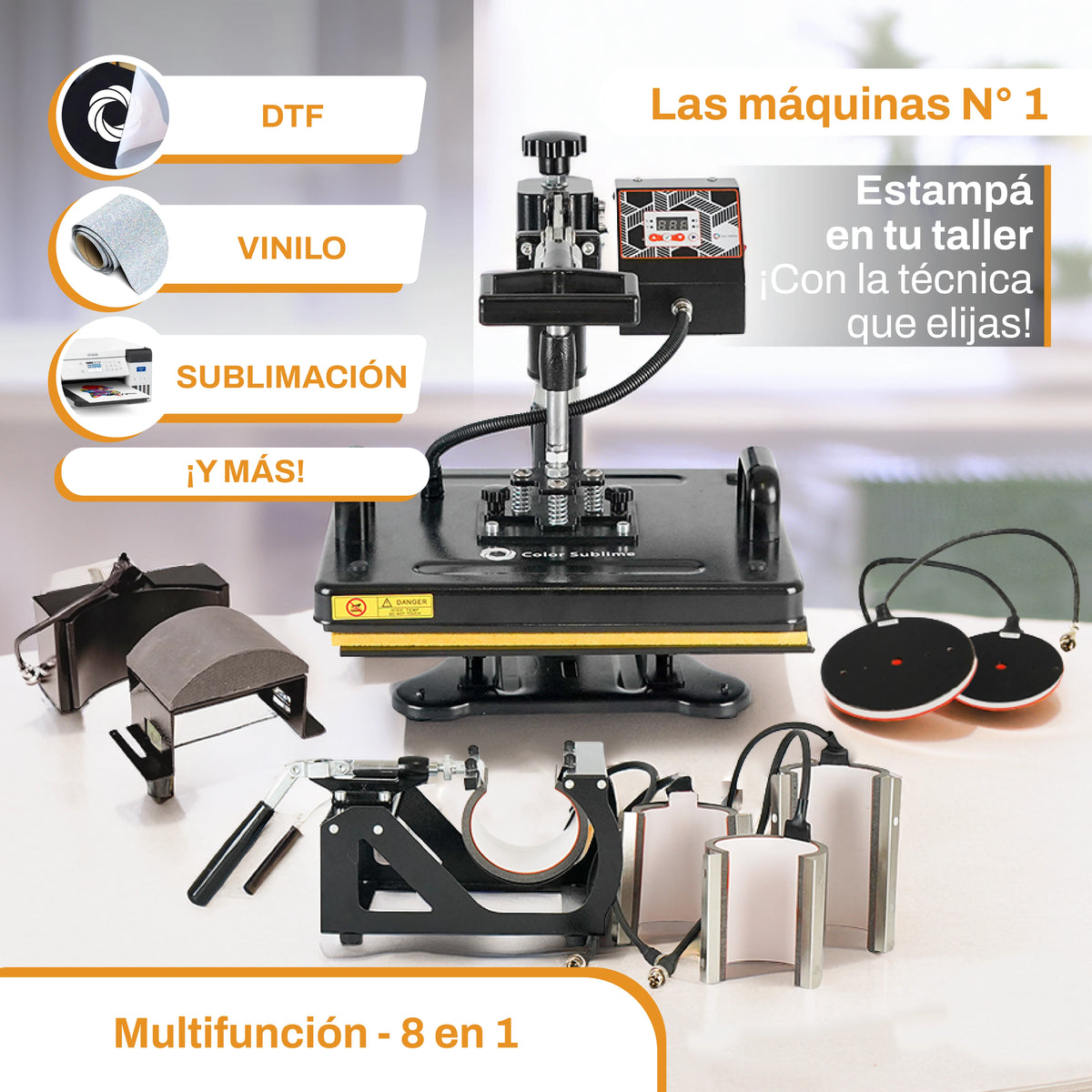 Estampadora 8en1  - Color Sublime + tintas, cinta térmica y tela teflonada